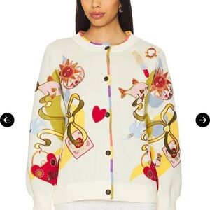 Never Fully Dressed Enchanted Cardigan with Red, Yellow, and Green Accents NWOT